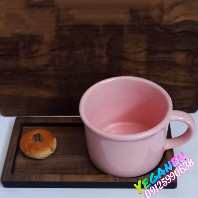 شات قهوه خوری فنجان چای خوری نیم ماگ سرامیکی با زیر فنجانی چوبی (صورتی)