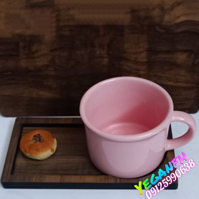 شات قهوه خوری فنجان چای خوری نیم ماگ سرامیکی با زیر فنجانی چوبی (صورتی)