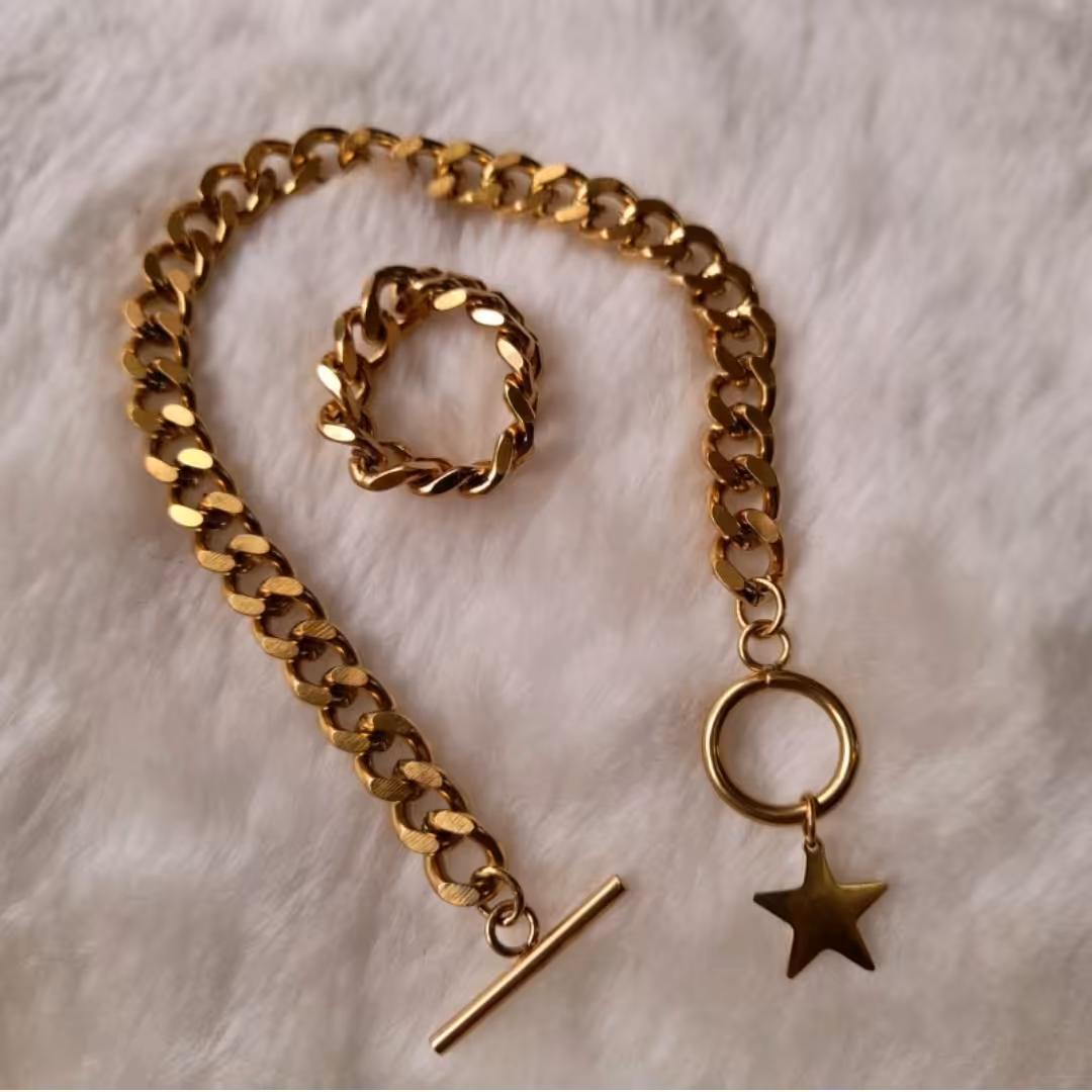 دستبند و انگشتر کارتیر  ست با قفل تی و آویز ستاره جنس استیل (لاوین گالری)