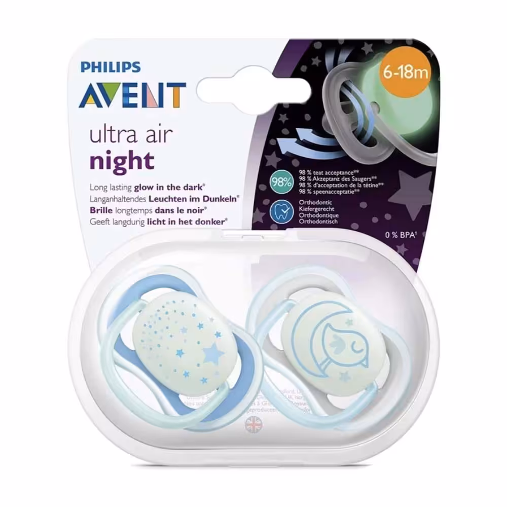 پستانک شب تاب 18-6 ماه اونت Ultra air night Avent بسته دو عددی