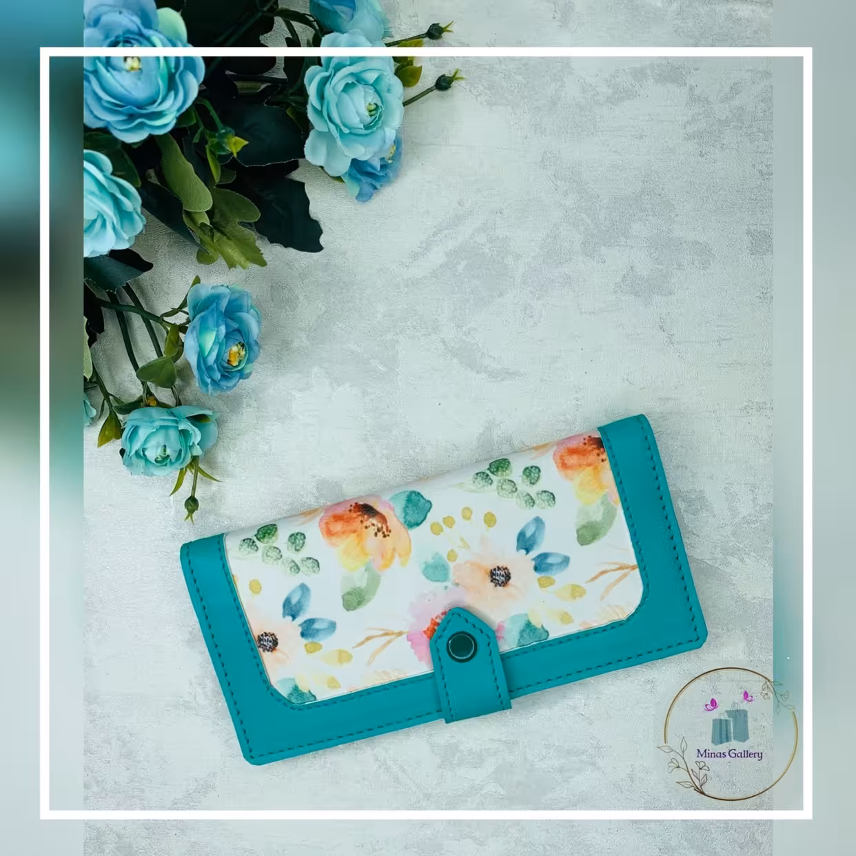 کیف پول چرم  - طرح گل آبرنگی - فیروزه ای ( کد 319 )