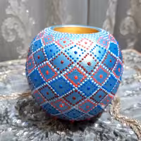 ست سه تیکه شمعدان توپی هنرکده سدنا رنگ آبی آسمانی جنس سفالی نقطه کاری شده با دست 