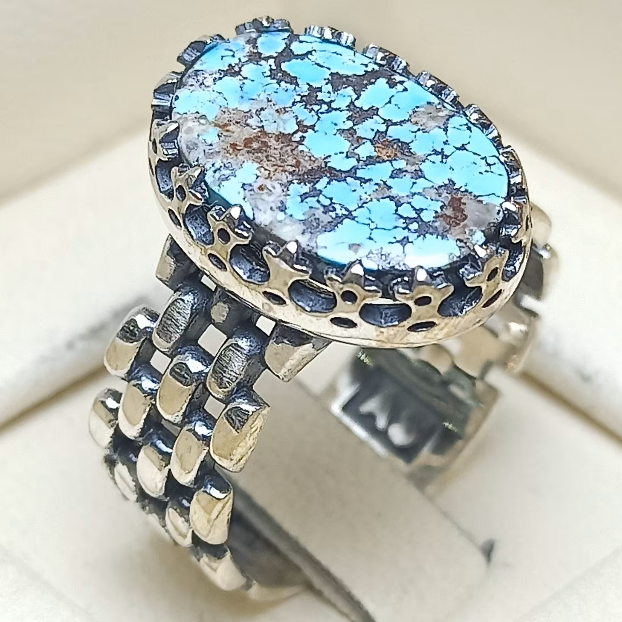 انگشتر فیروزه نیشابوری نقره شجری آبی 2