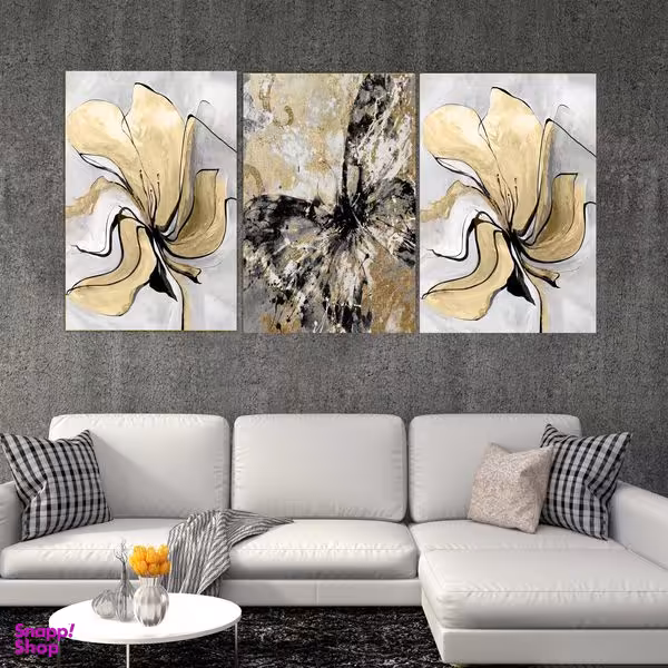 تابلو شاسی بکلیت طرح نقاشی مدرن گل طلایی مدل SH-1867 مجموعه 3 عددی