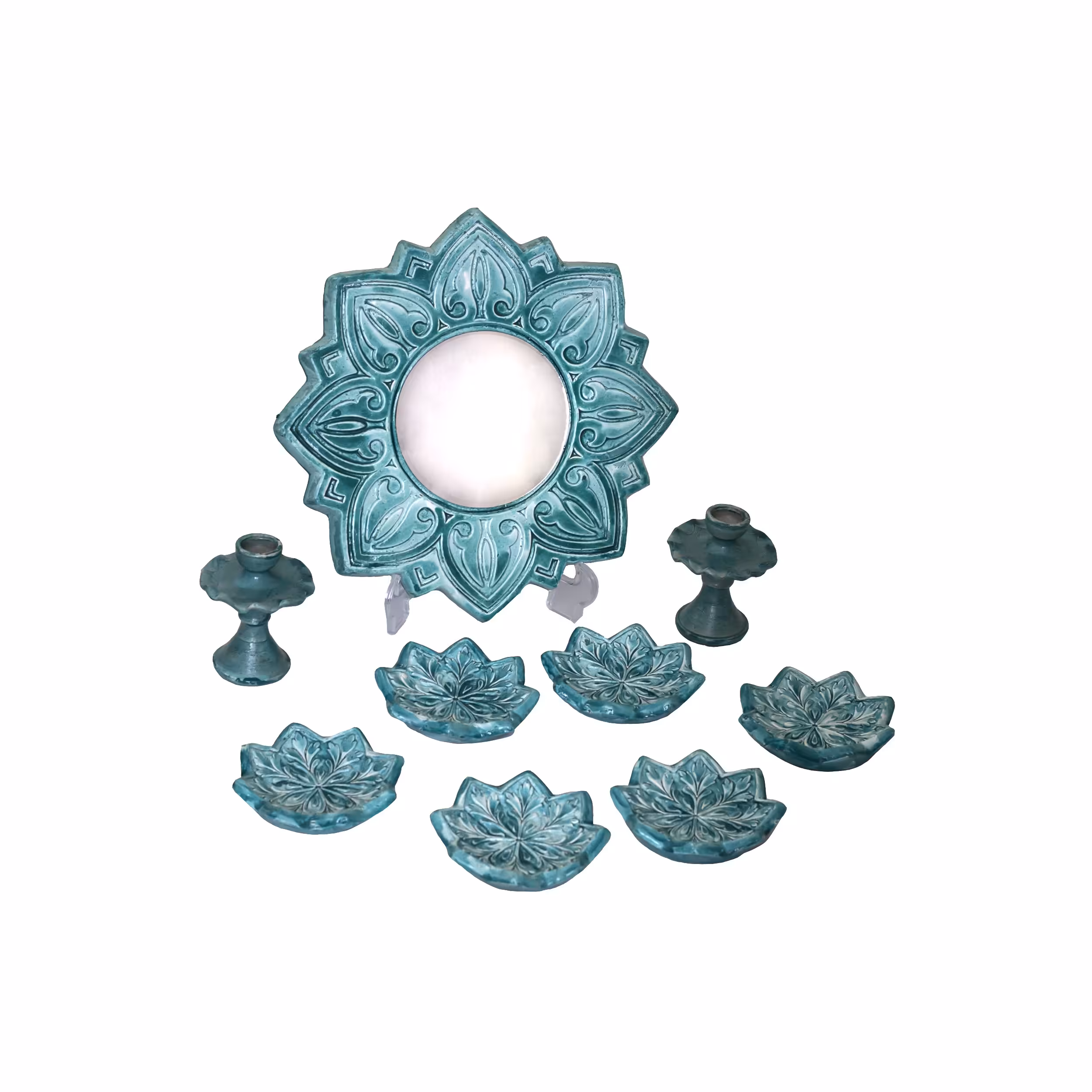 هفت سین  سفالی آبی طرح گل کد 02