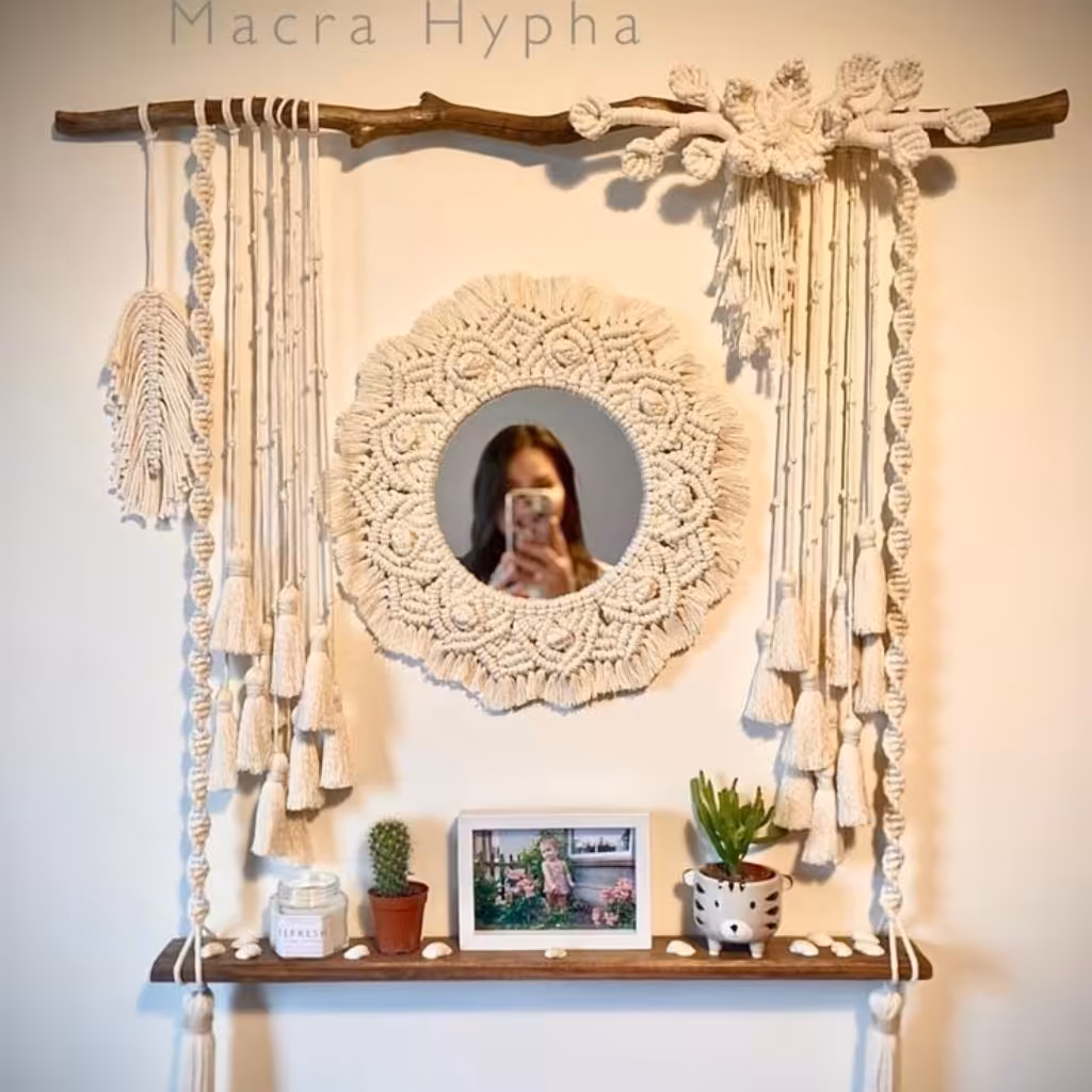 آویز مکرومه به همراه شلف و آینه مکرومه با بهترین متریال با رنگ دلخواه قابل سفارش با نخ پنبه