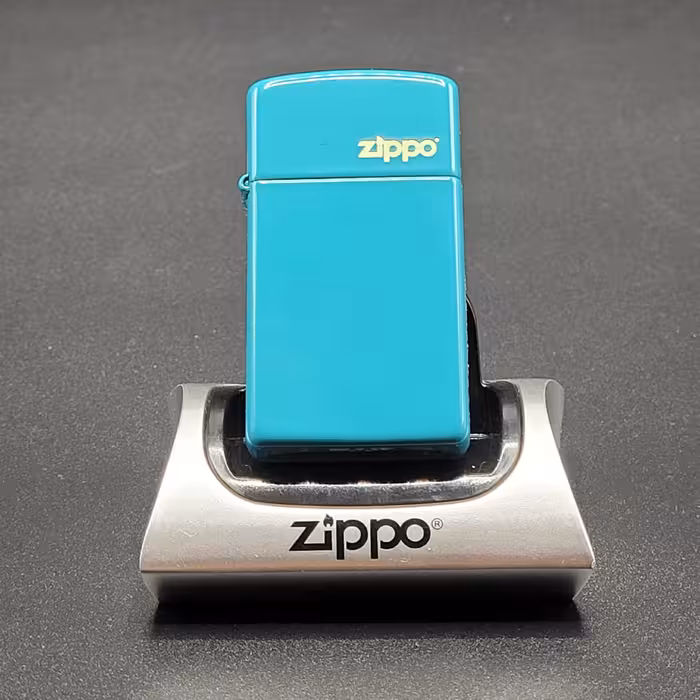 فندک فیروزه ای باریک لوگو دار زیپو اورجینال 