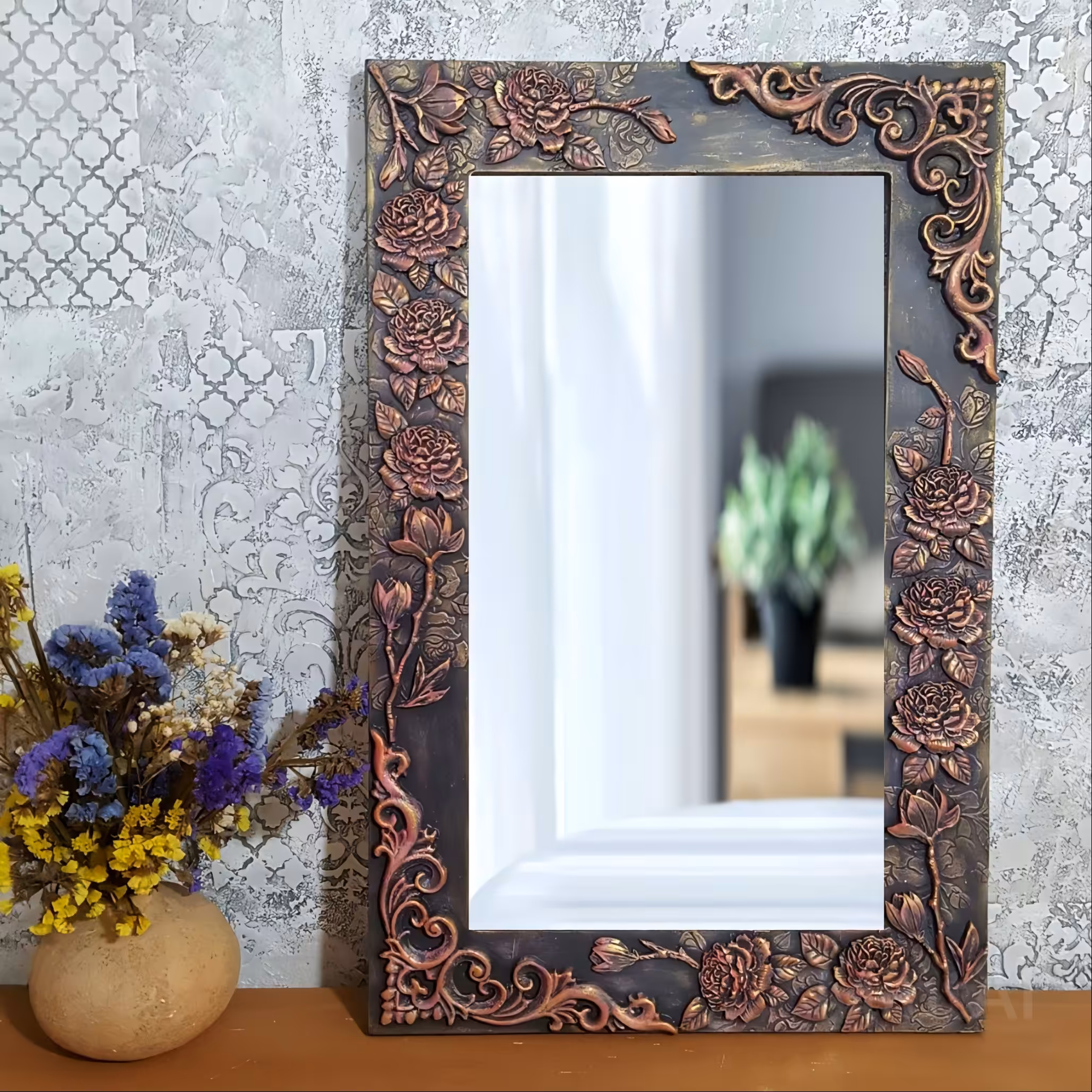 قاب آینه چوبی طرح گل و برگ برجسته 