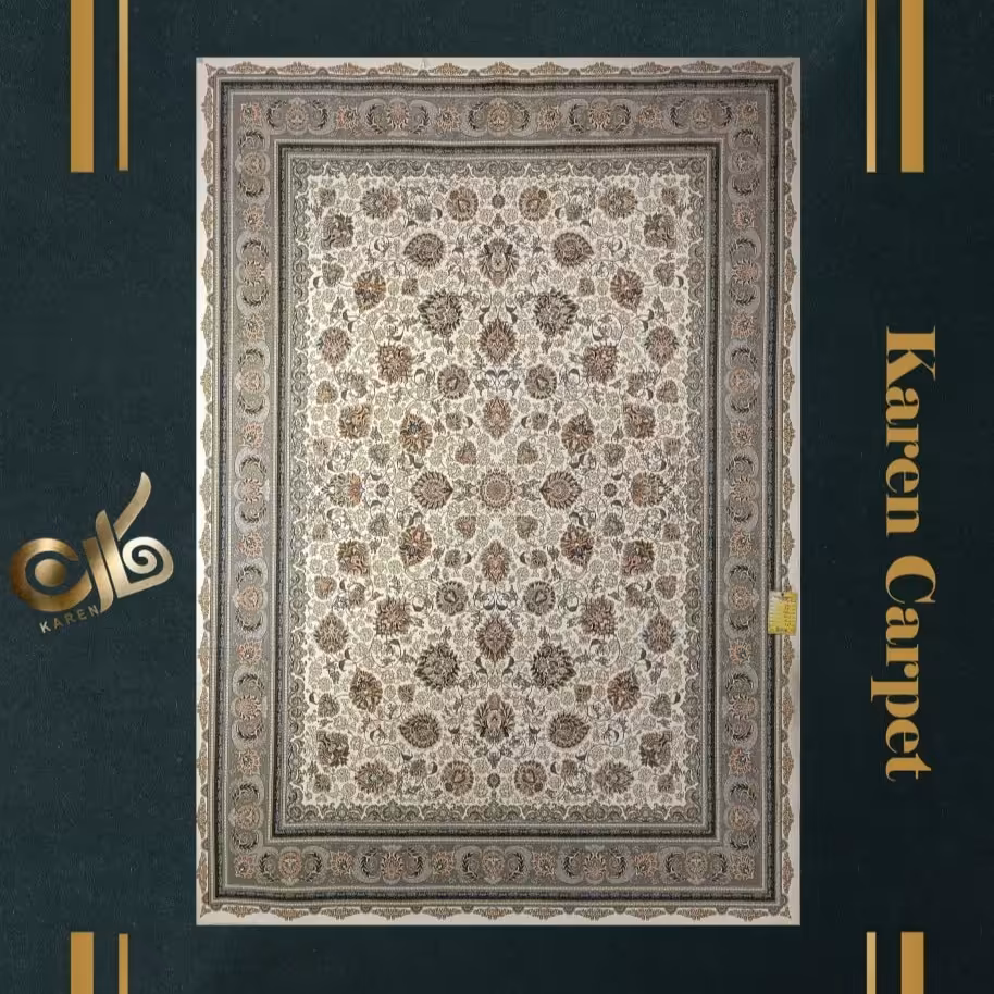 فرش 12 متری اکریلیک گلبرجسته 1500 شانه تراکم 4500 طرح کامیلا کرم
