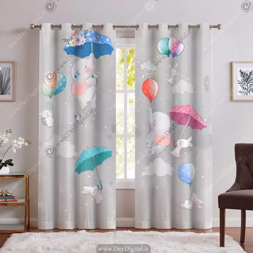 پرده اتاق کودک طرح فیل طوسی PK-6311