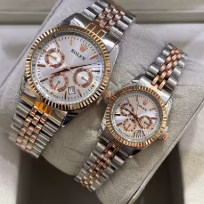 ست ساعت رولکس بنداستیل دورنگ رزگلد طرح سه موتوره