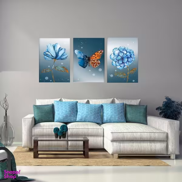 تابلو شاسی بکلیت طرح مدرن گل آبی و پروانه رنگی مدل SH-1896 مجموعه 3 عددی