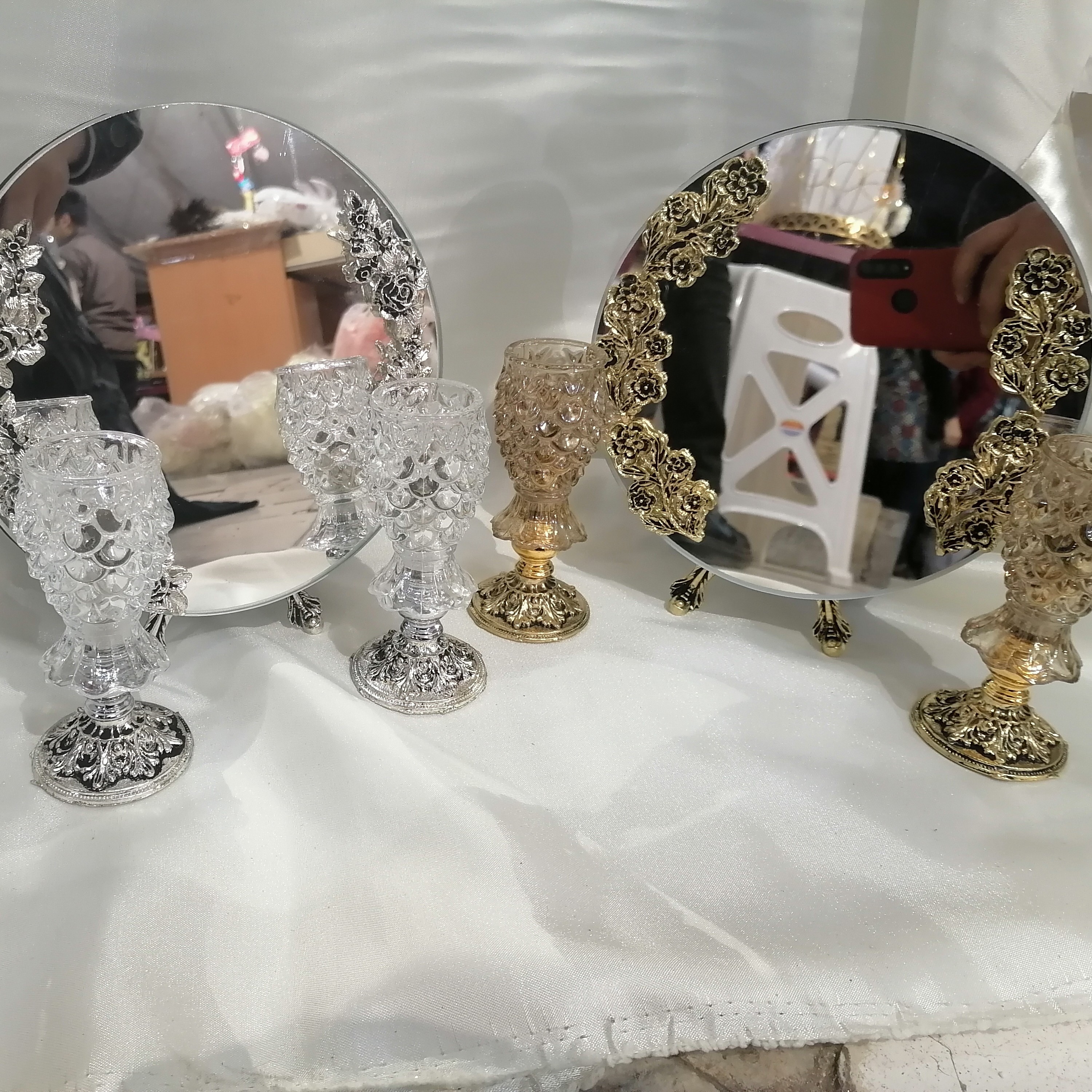 آینه شمعدان برنجی رنگ ثابت قطر 24سانت (طلایی و نقره ای)