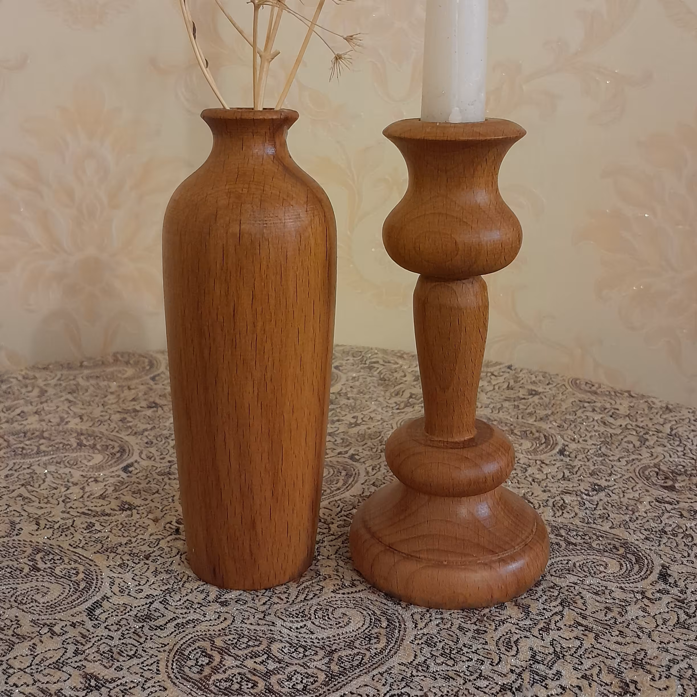 ست چوبی یک عددشمعدان و یک عدد گلدان تولی از چوب راش با ارتفاع 15سانتی