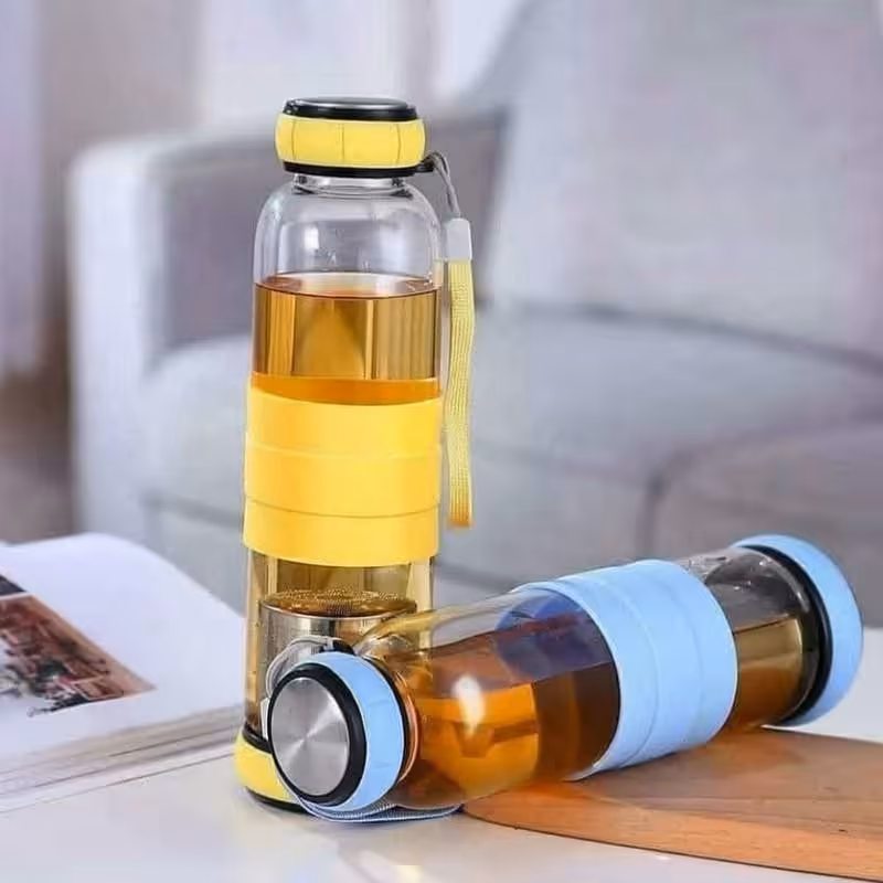 بطری دمنوش دو طرفه بدنه پیرکس ضخیم کاملا کیپ و قابل گذاشتن در کیف