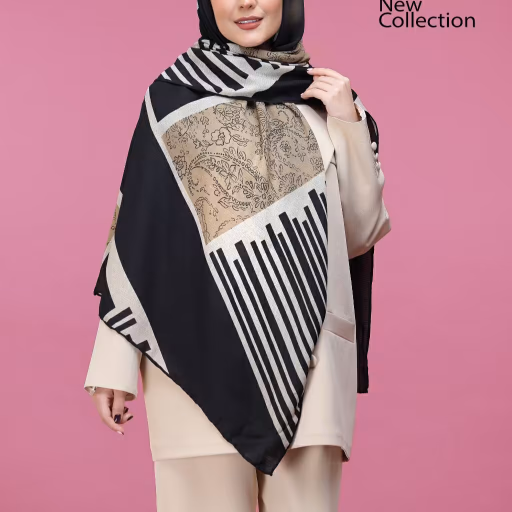 روسری مشکی کرم نخی تابستانه گارزا ژاکارد جدید