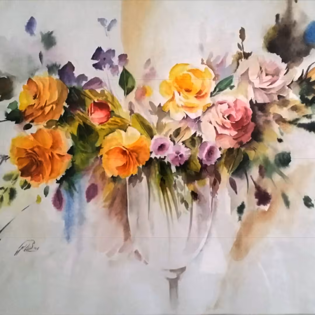 نقاشی آبرنگ گلدان گل
