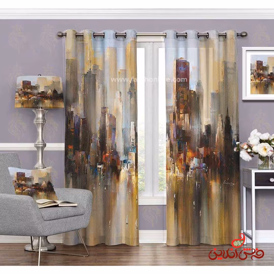 پرده طرح نقاشی آبرنگی خیابان شلوغ کد 3443