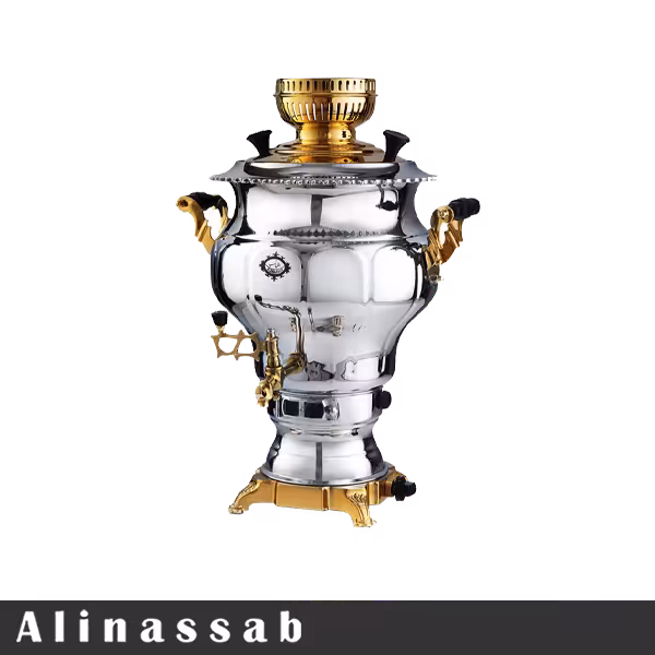 سماور گازی عالی نسب مدل نقشینه نفیس طلائی 6 لیتری