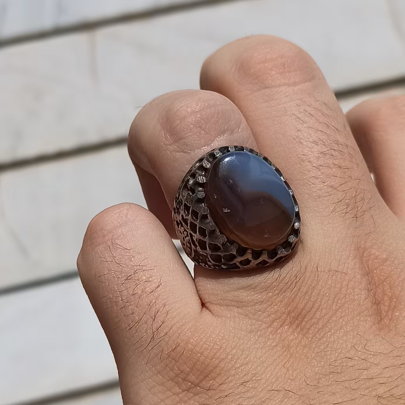 انگشتر نقره عقیق کبود جزع دو پوست اصل معدنی درجه یک