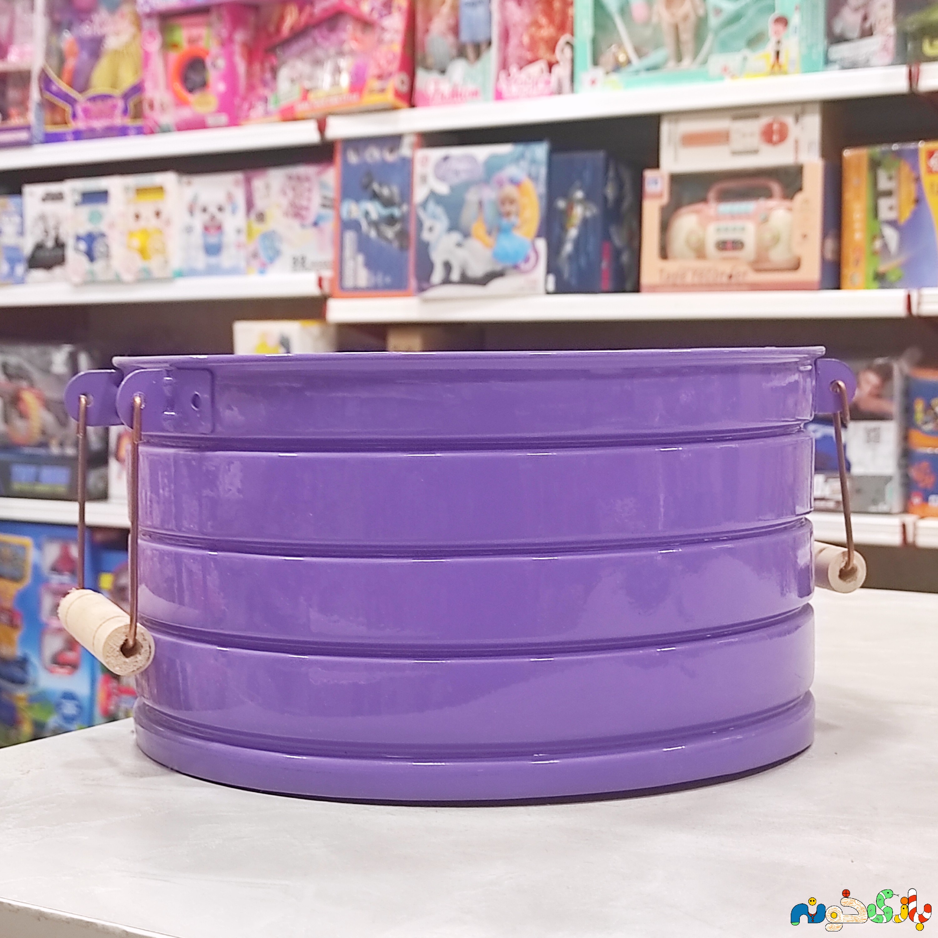 باکس سطل فلزی دایره ای دسته چوبی ابعاد 14 در 26سانت 