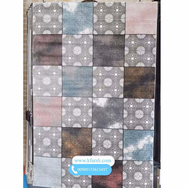 فرش فانتزی طوسی با خانه های رنگارنگ سایز 4 متری