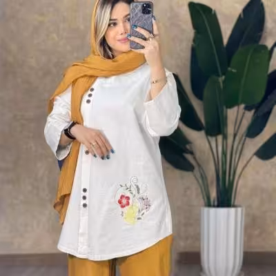 تونیک مانتویی گلدوزی جلو دکمه