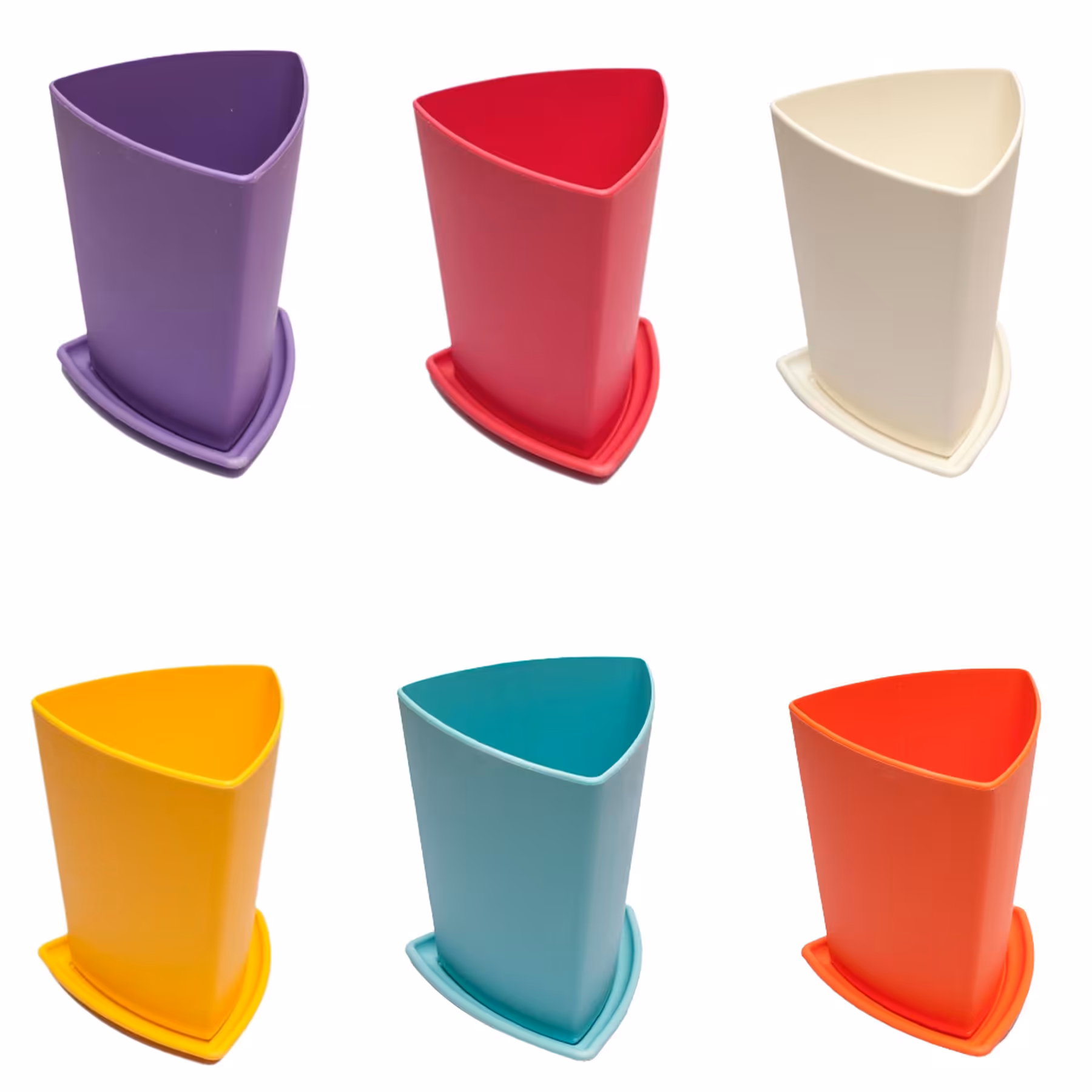 6 عدد گلدان پلاستیکی طرح مثلثی سایز 22در18 با زیر همرنگ در 6 رنگ مختلف