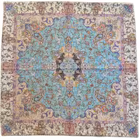 رومیزی مربع ترمه ابریشم کد TRM156نفیس رنگ سبزآبی آستر سبزآبی مغزی دوزی