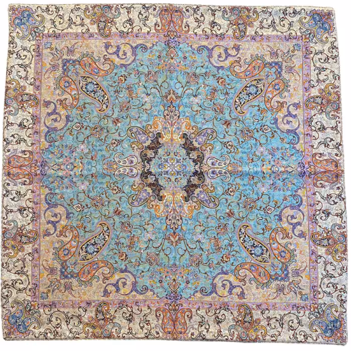 رومیزی مربع ترمه ابریشم کد TRM156نفیس رنگ سبزآبی آستر سبزآبی مغزی دوزی