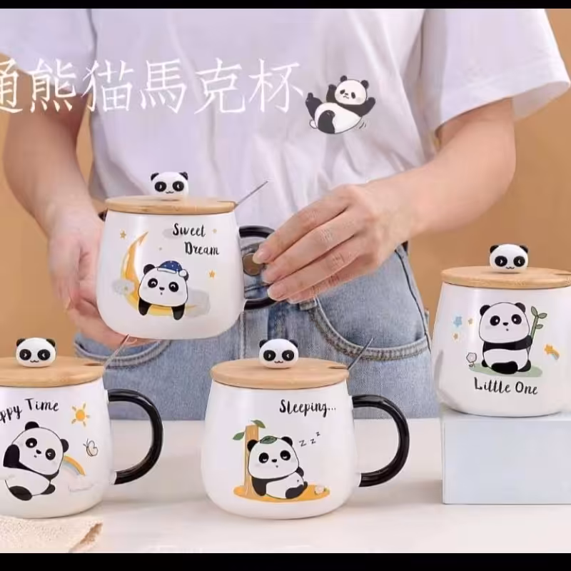 ماگ پاندا به همراه درب چوبی و قاشق ، کیفیت عالی ، وارداتی