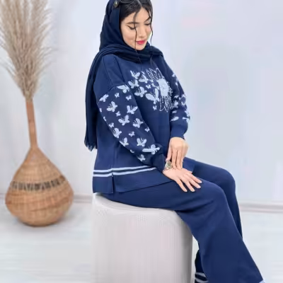 ست تونیک و شلوار بافت اکرولیک پروانه مروارید کاری شده