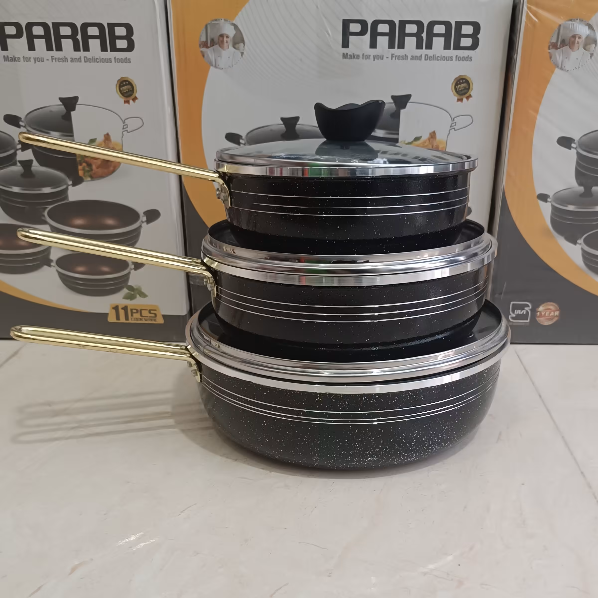 سرویس تابه 3 پارچه تک دسته  گرانیت مشکی پاراب (بدون درب) 