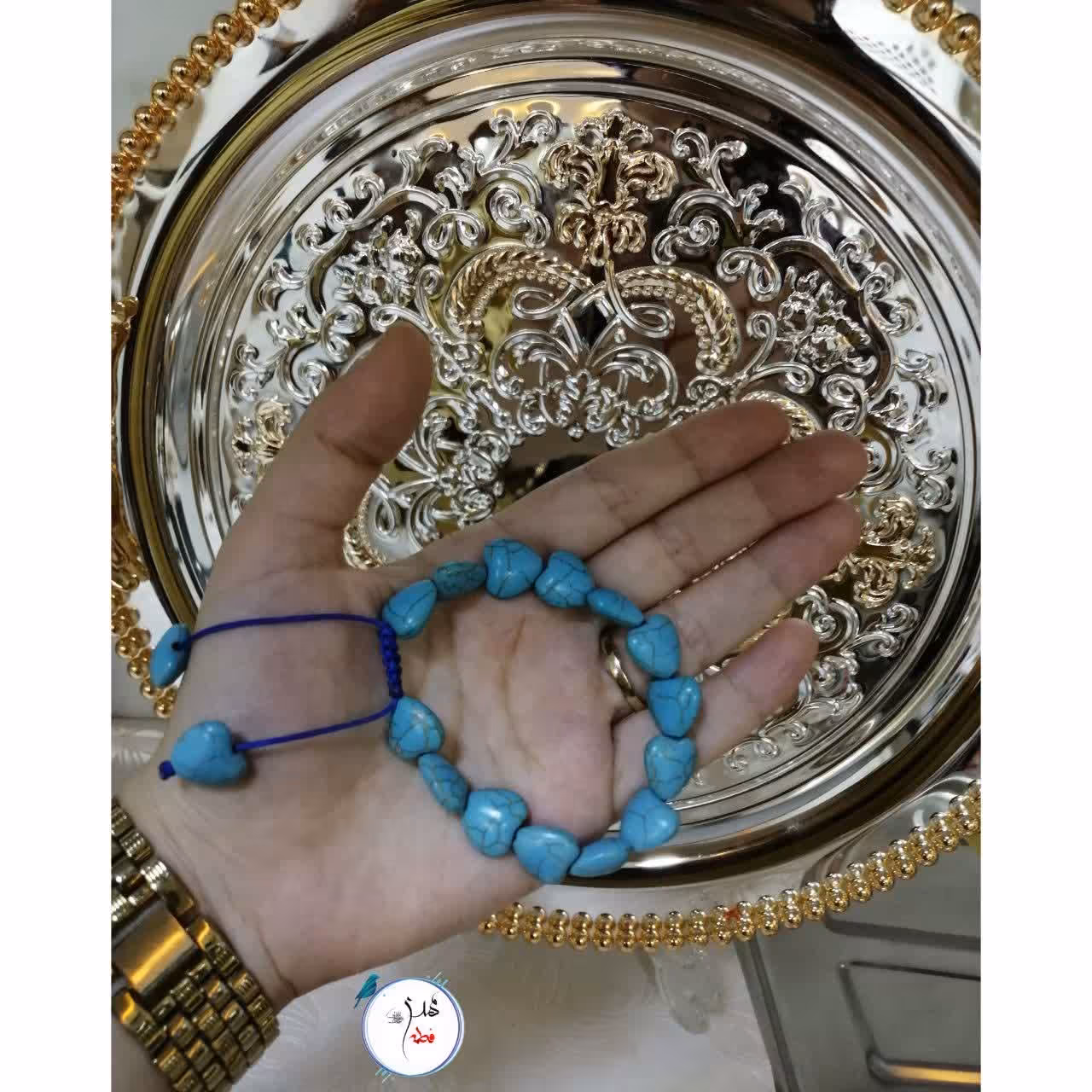 دستبند سنگ اصل تبت (چشم نظر) فیروزه ای طرح قلب