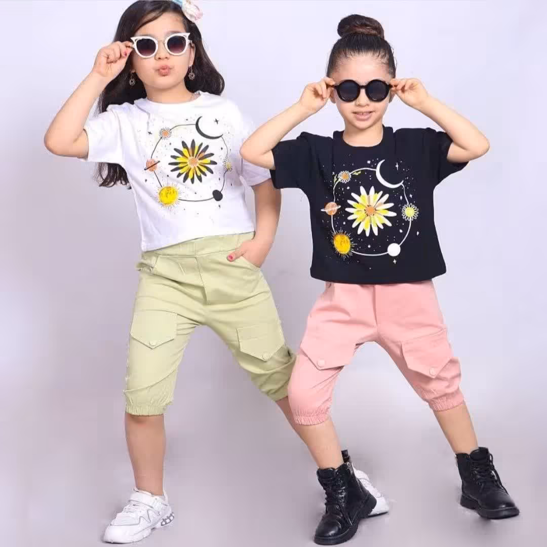 کراپ وشلوارک دخترانه سایز50  55  60  65  کراپ نخ پنبه و شلوار کتان