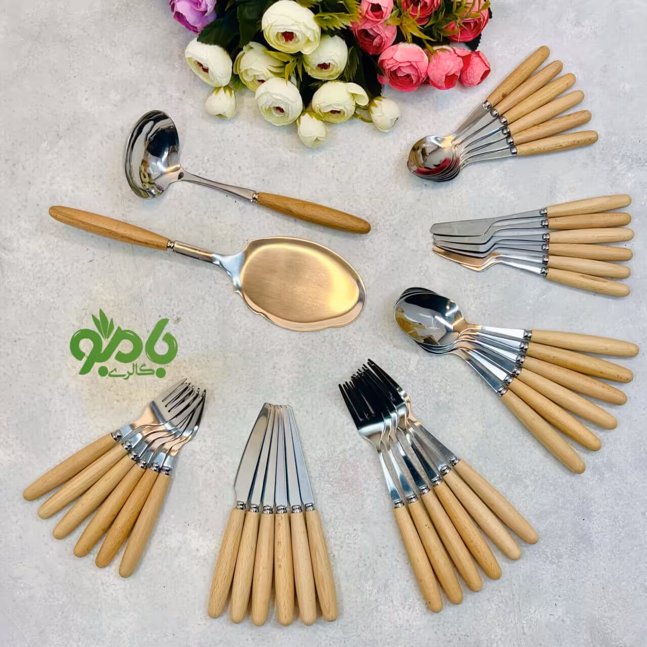 سرویس کامل قاشق و چنگال 45 پارچه دسته بامبو استیل