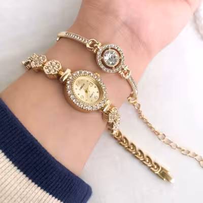 ست ساعت زنانه بند طلایی TIME4uهمراه با دستبند