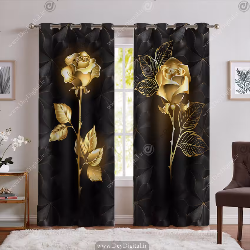 پرده طرح گل رز طلایی با زمینه مشکی PK-5809