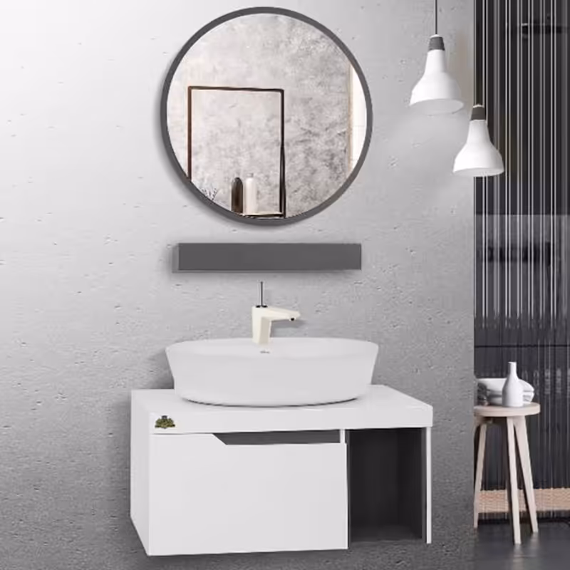 روشویی کابینتی پاریس سفید طوسی همراه آینه گرد