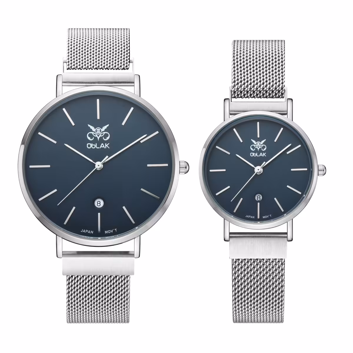 ست ساعت مچی عقربه ای زنانه و مردانه اوبلاک مدل 72704 رنگ استیل صفحه سورمه ای