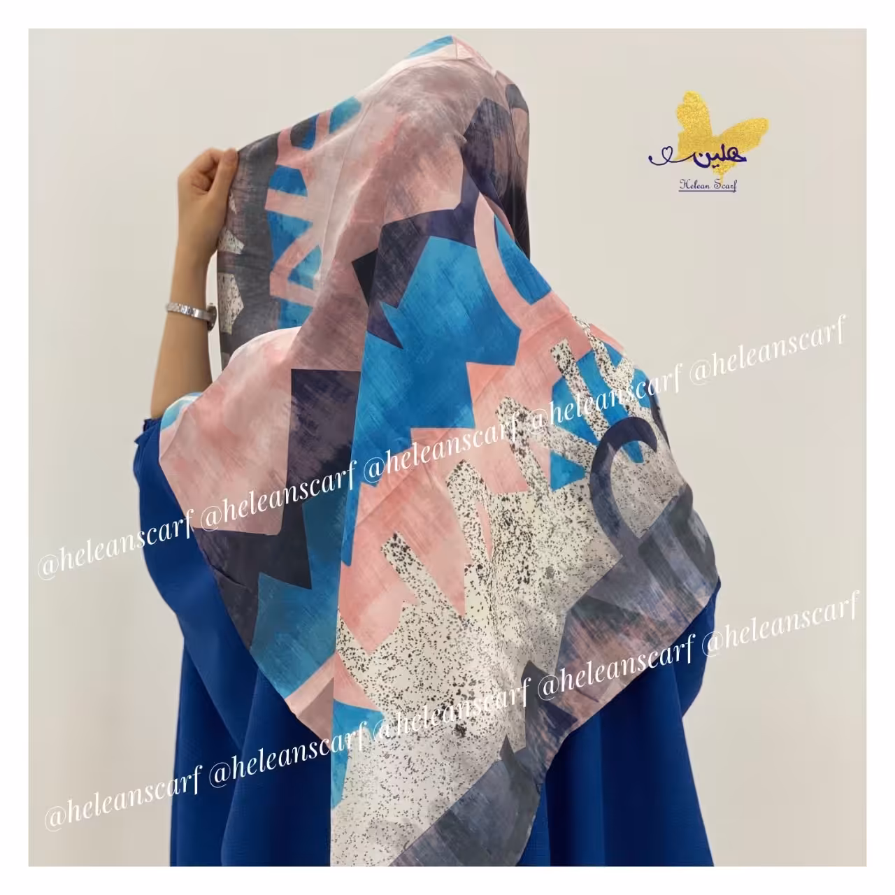 روسری ابریشم دور دست دوز قواره دار صورتی آبی