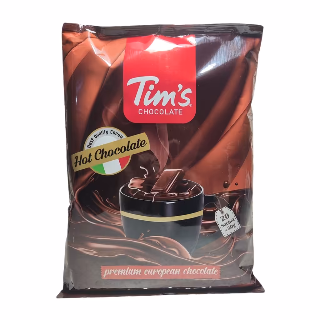 هات چاکلت تیمز بسته 20 تایی. هر بسته حاوی 20 ساشه 30 گرمی پودر کاکائو و پودر خامه ای کننده غیر لبنی و شکر. با غلظت بالا