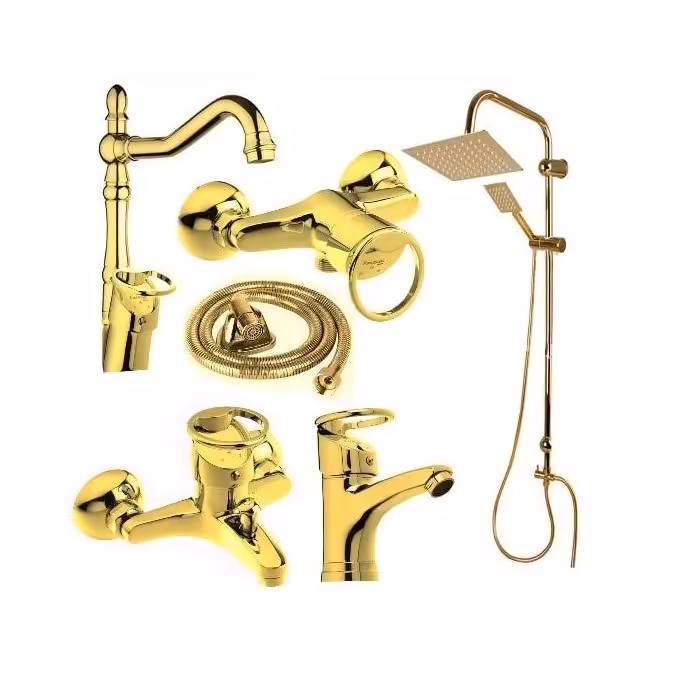 ست شیرآلات مدل تندیس طلایی با دوش سناتور و شیلنگ توالت