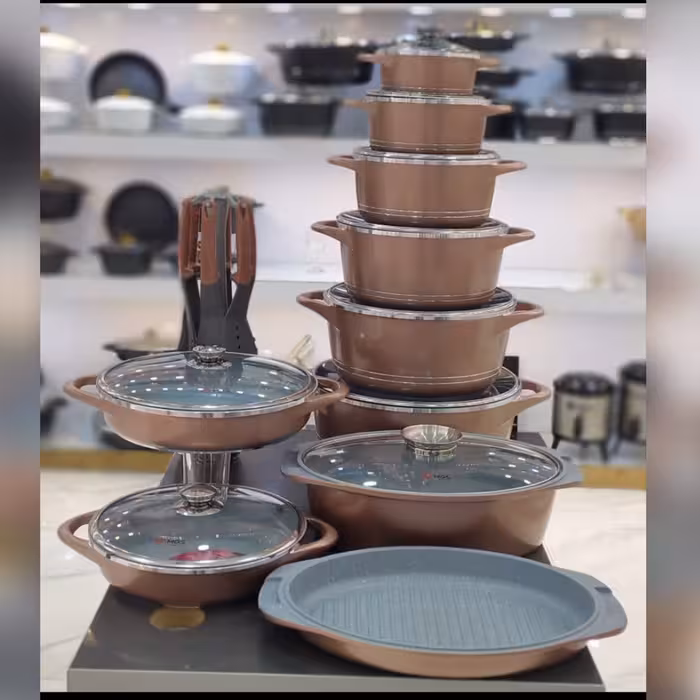 سرویس قابلمه چدن گرانیت 29 پارچه برند MGS طرح ایتالیا رنگ رزگلد