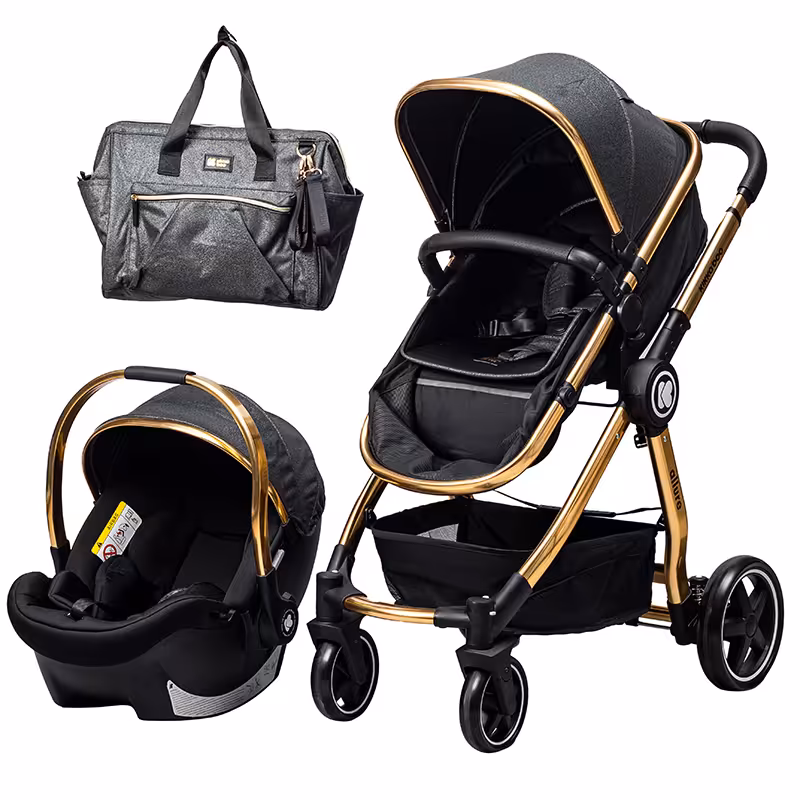 کالسکه کریر کیکابو مدل الور مشکی بدنه گلد طلایی با گرم کن کالسکه و کریکات شو     KIKKABOO ALLURE  3IN1 / BLACK GOLD