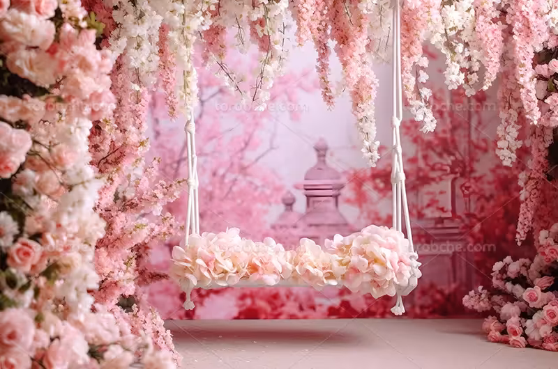 بک دراپ عکاسی عروس با گل های صورتی | گرافیک با طعم تربچه