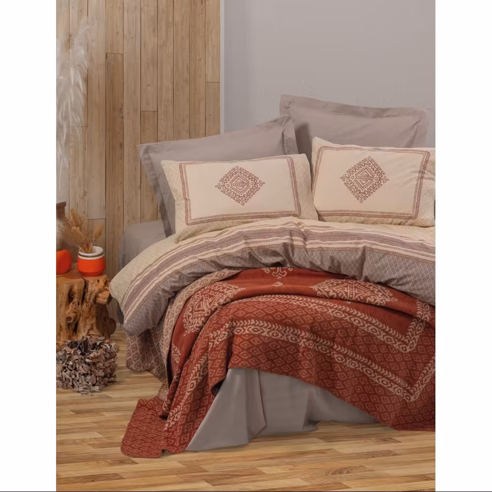 ست ملحفه با پتو کاتن باکس مدل Pamuk Hardy Kahve دو نفره 5 تکه