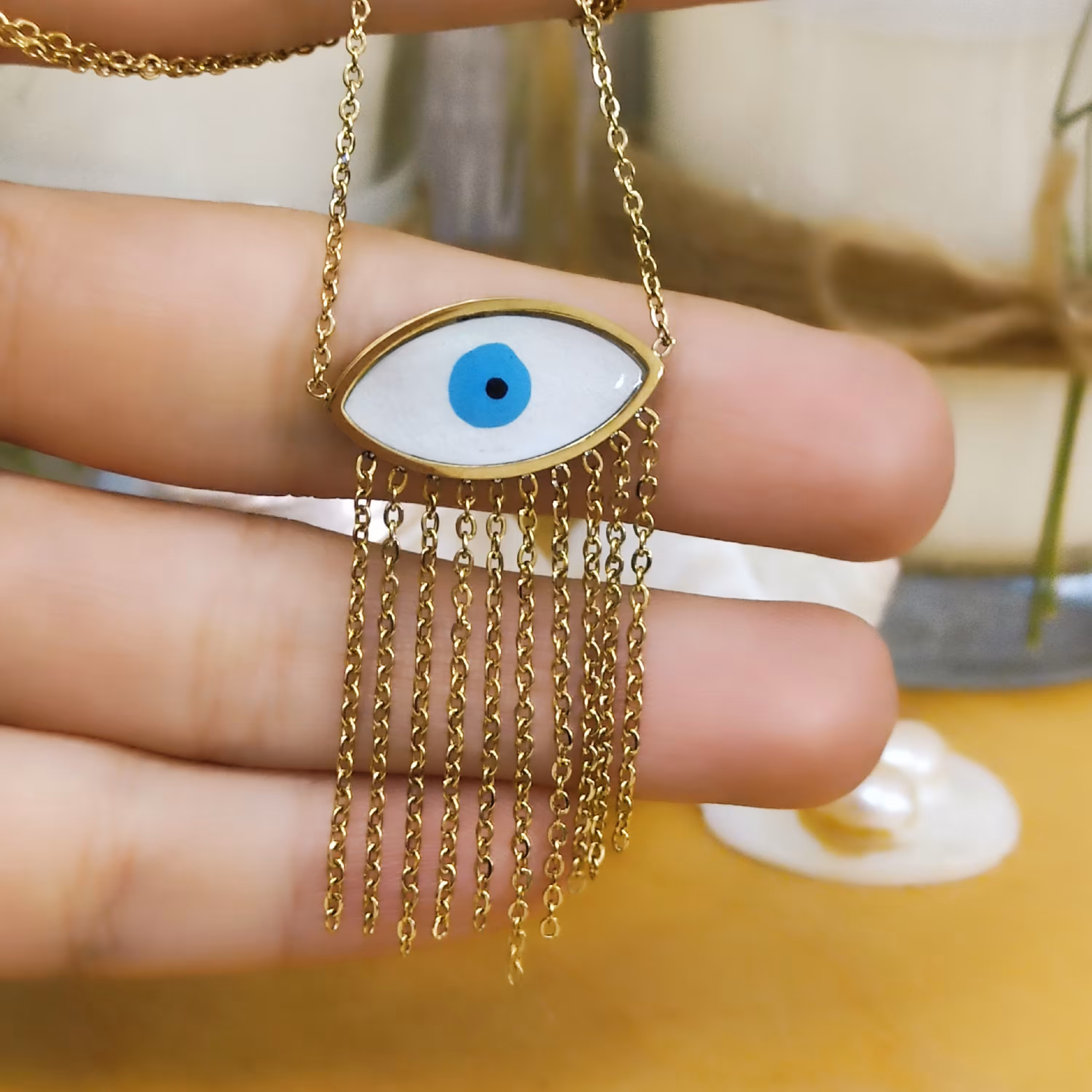 گردن بند پلاک زنجیر طرح چشم نظر استیل رنگ ثابت برند ژوپینگ برترین برند در بدلیجات و زیورآلات دخترانه وزنانه اکسسوری خاص