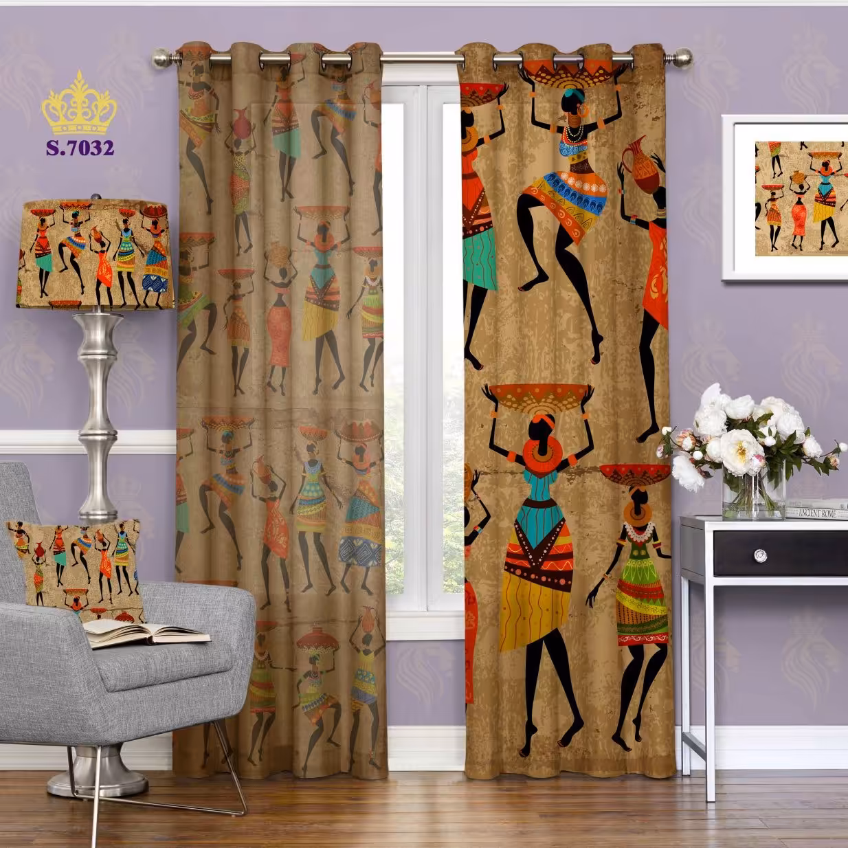 پرده پذیرایی دو قواره پانچ طرح دیوار نگاره باستانی کد S7032