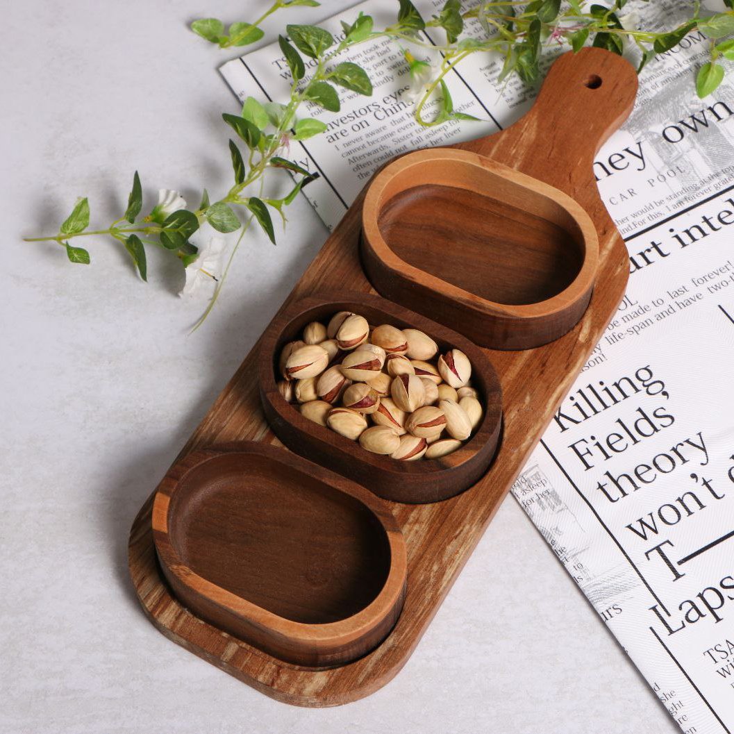 ظرف آجیل خوری سرو پذیرایی چوب طبیعی 3 پیاله با سینی کاملا ضد آب با روغن طبیعی